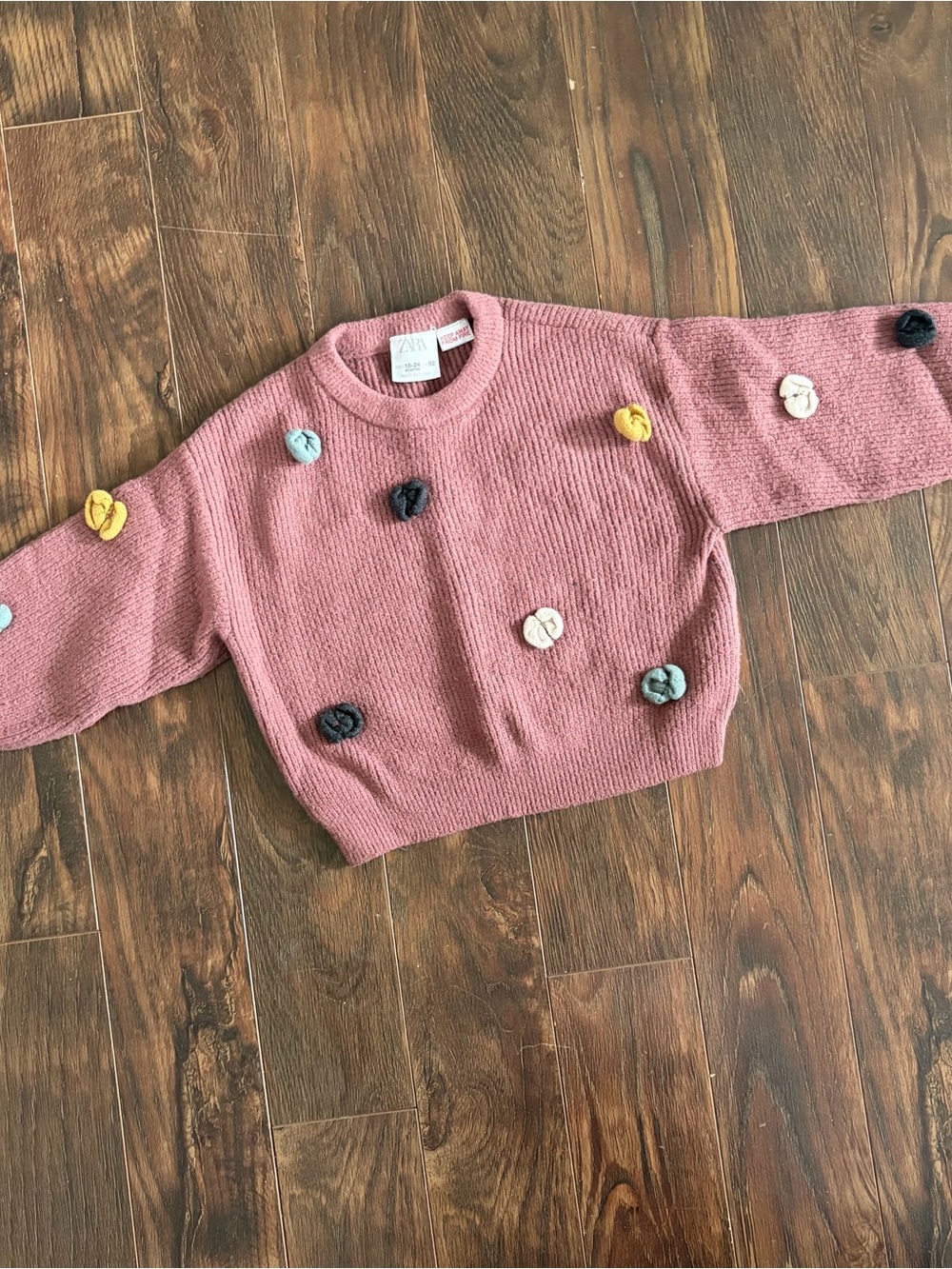 Zara Dusty Pink Crewneck Sweater with Multicolor Pom Embellishments
